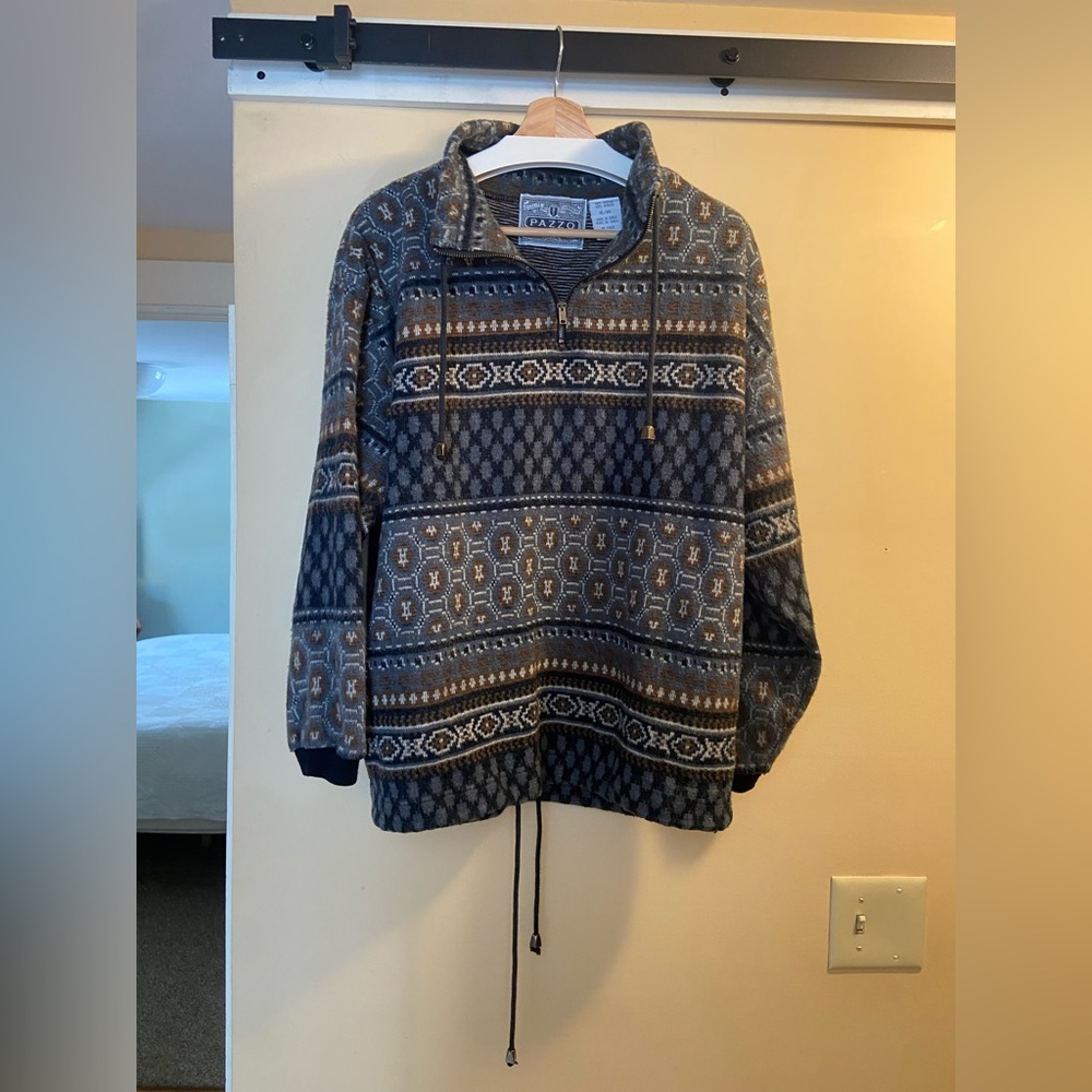Vintage PAZZO Patterned Knit Sweater w/ Drawstrings - Gray and Brown